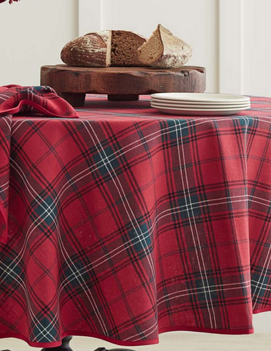 Mantel redondo de algodón Tartan