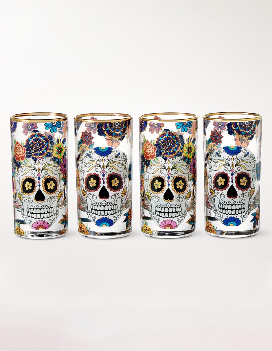 Set tequilero Día de muertos de vidrio