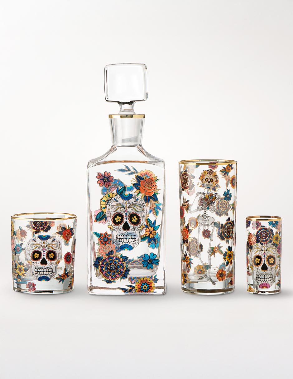 Set tequilero Día de muertos de vidrio