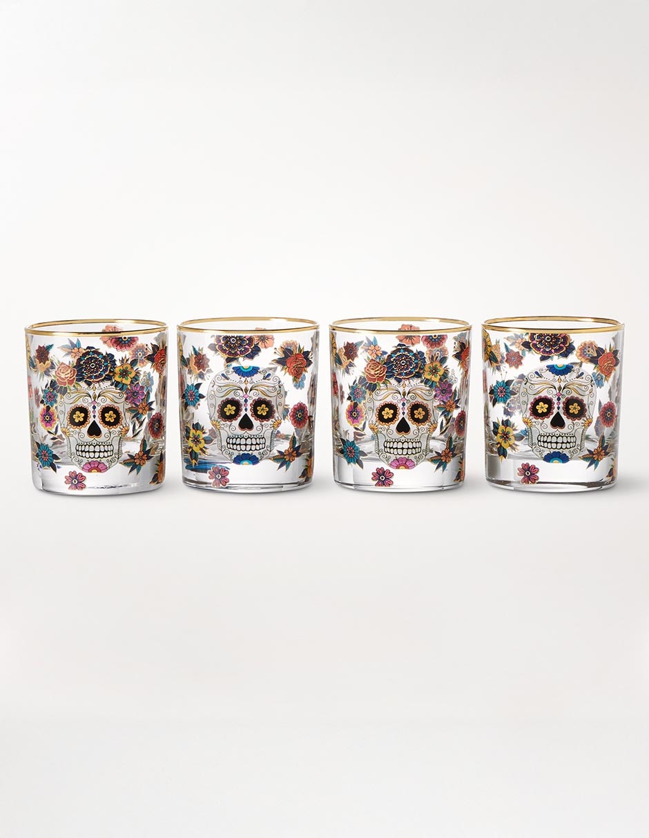 Set de vasos Old fashion Día de muertos de vidrio con 4 piezas 1