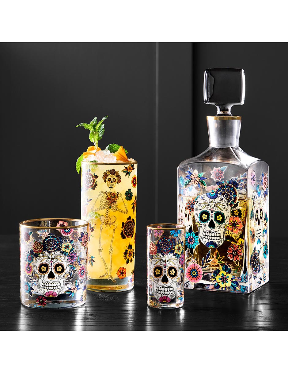 Set de vasos Old fashion Día de muertos de vidrio con 4 piezas