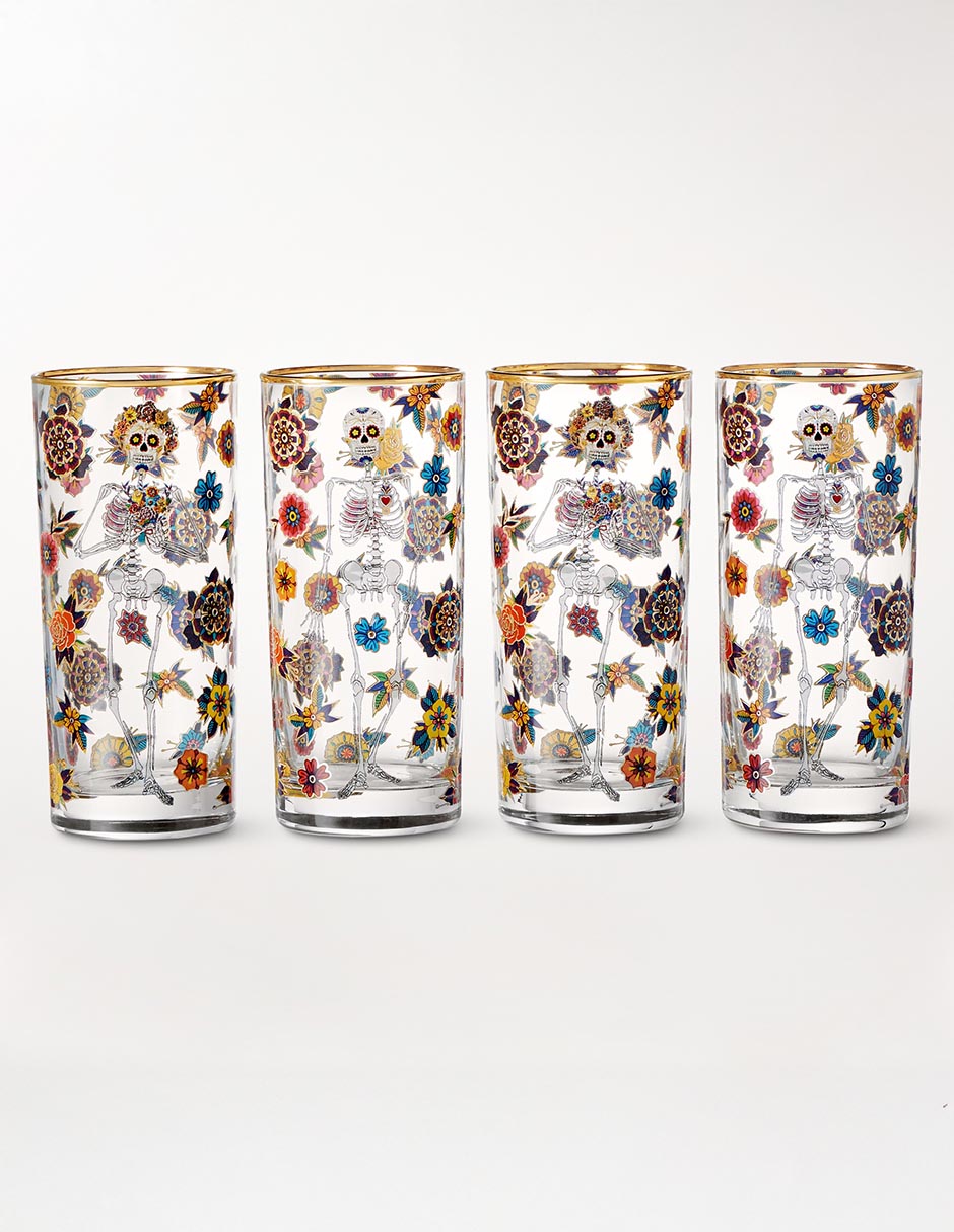 Set de vasos highball Día de muertos de vidrio con 4 piezas
