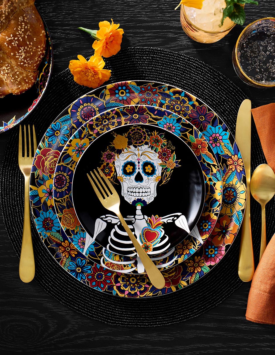 Set platos trinche Día de Muertos de porcelana 4 piezas